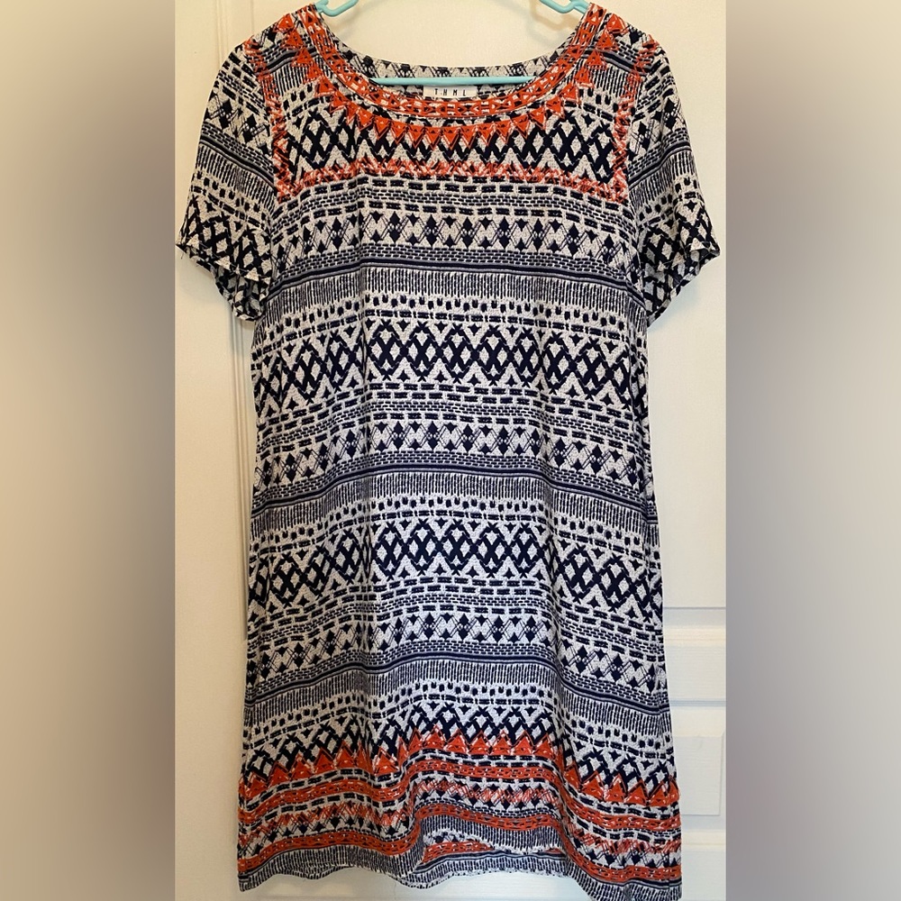 THML Short Sleeves Embroidered Mini Shift Dress in Navy & Orange in Tribal Motif - Picture 2 of 5